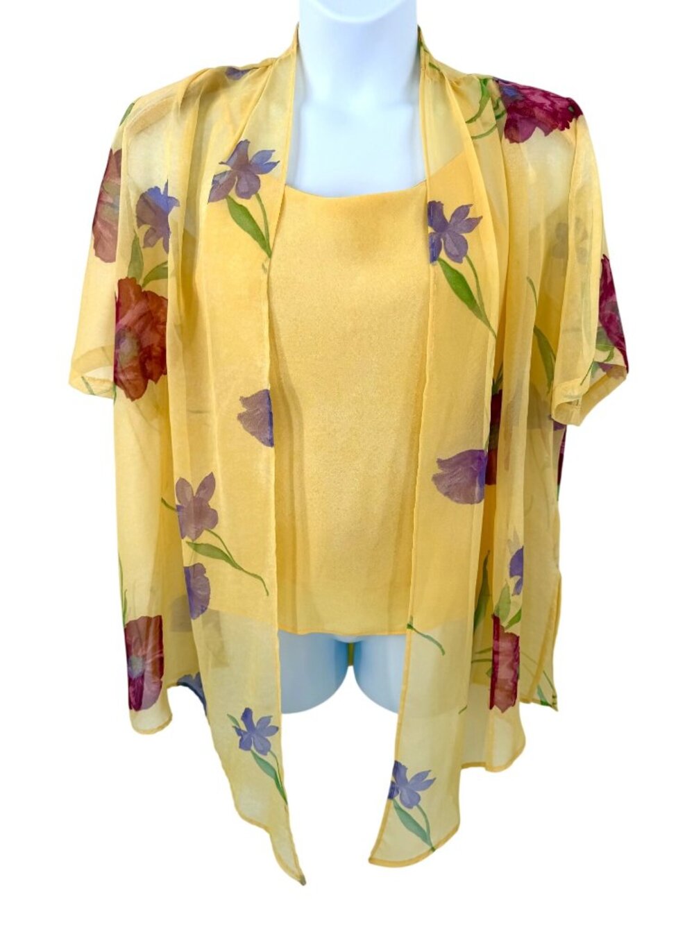 Yellow Floral Sheer Kimono & Spaghetti Strap Tank Set Lightweight Sz L USA MADE!